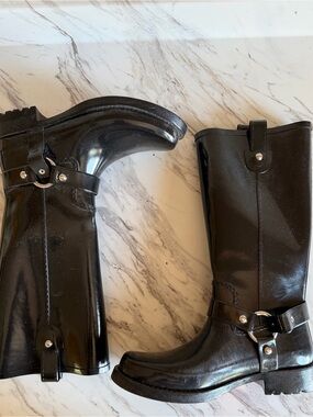 Black rain boots (bottom strap is broken visible in photos)